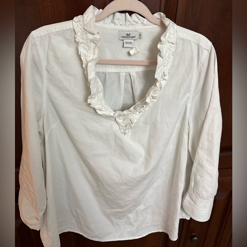 Vineyard Vines White Ruffled V-Neck Blouse